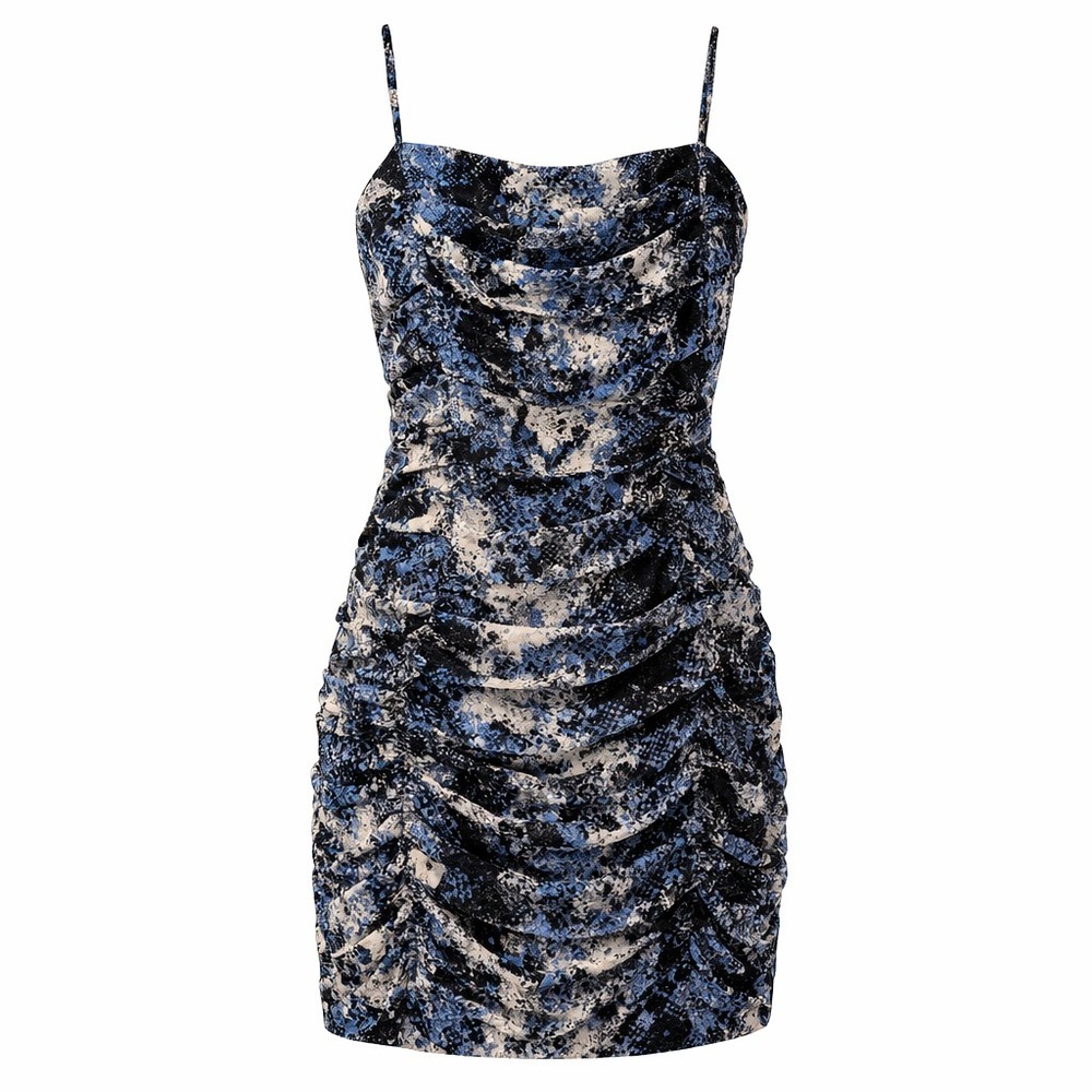 Ruched Bodycon Mini Dress Blue Black Abstract Print Strappy Party Y2K L New